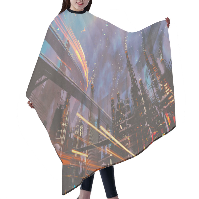 Personality  Futuristic City With Industrial Buildings Hair Cutting Cape