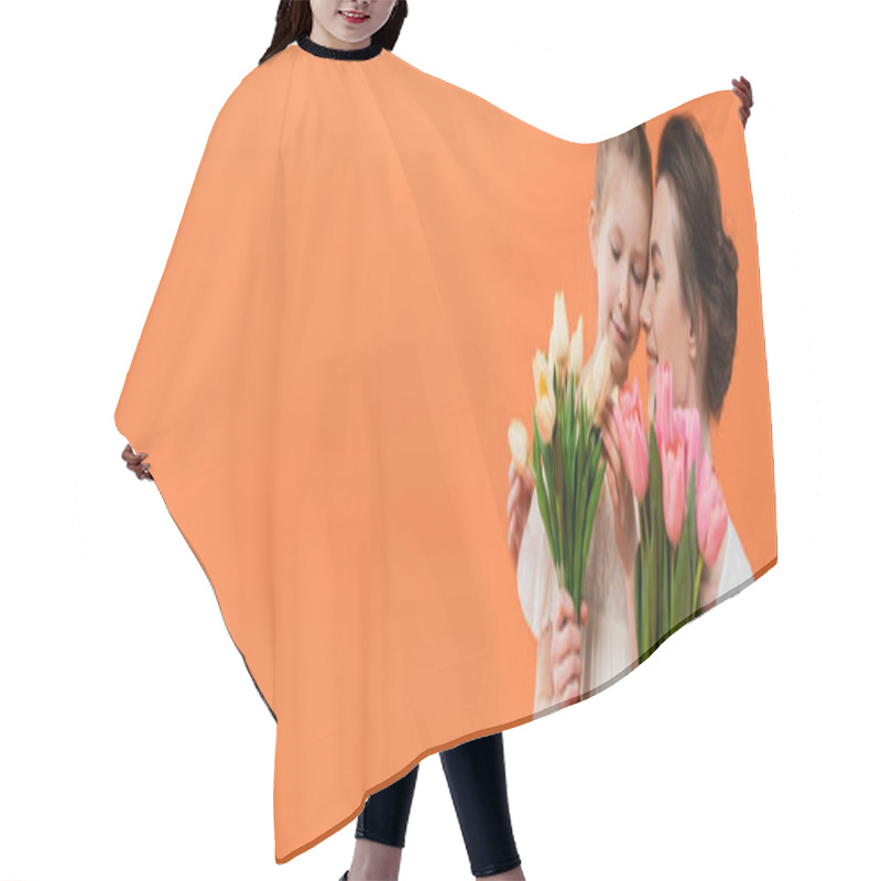 Personality  Joyful Mother And Daughter With Tulips, Young Woman And Girl Holding Flowers And Posing On Orange Background, Summer Fashion, Sun Dresses, Female Bonding, Family Love, Banner  Hair Cutting Cape