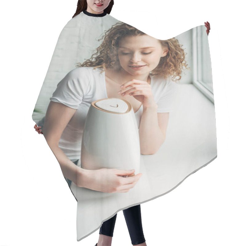 Personality  Beautiful Happy Girl With Air Humidifier On Windowsill Hair Cutting Cape