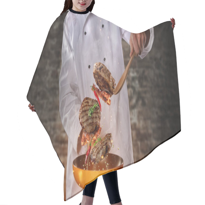 Personality  Closeup Of Chef Preparing Milled Beef Meat On Grill Pan Hair Cutting Cape