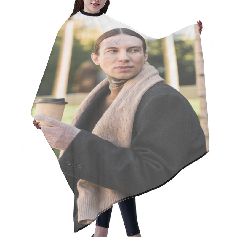 Personality  Stylish Man In Coat And Scarf Holding Paper Cup With Coffee To Go  Hair Cutting Cape