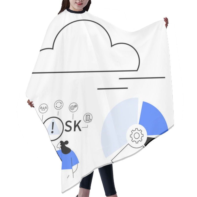 Personality  Woman Examines Risk Icons With Magnifier Under Cloud Outline. Adjacent Gear-linked Pie Chart In Blue-gray Tones. Ideal For Data Analysis, Risk Management, Tech Strategies, Innovation, Cloud Hair Cutting Cape