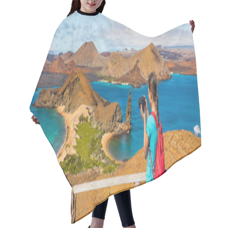 Personality  Galapagos Islands Ecotourism Travel Banner. Bartolome Island, Tourist Hiking In The Islas Galapagos Archipelago. Panoramic View Of Sullivan Bay, Golden Beach And Santiago Island On Cruise Excursion. Hair Cutting Cape