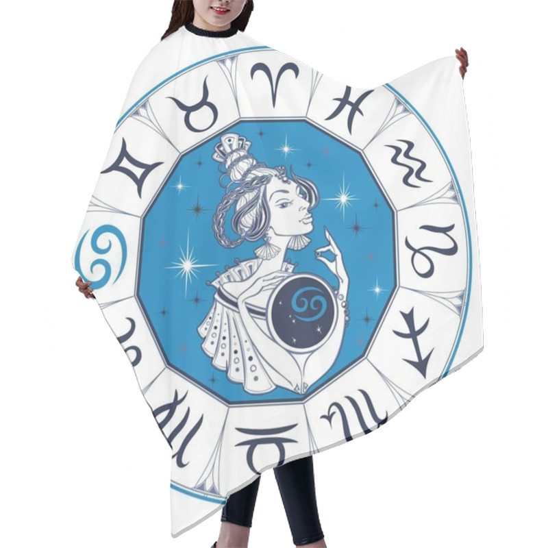 Personality  Cancer Astrological Sign As A Beautiful Girl. Zodiac. Horoscope. Astrology. Vector Hair Cutting Cape