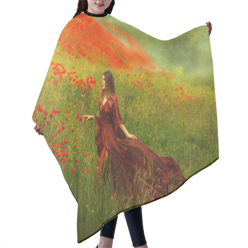 Personality  Happy Fantasy Woman Queen In Red Silk Dress, Walking In Poppy Field, Summer Green Grass, Nature Flowers. Girl Goddess Princess Train Hem Skirt Flying In Wind, Satin Fabric Waving. Divine Sun Light Hair Cutting Cape