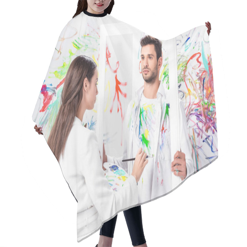 Personality  Attractive Adult Woman Drawing On Clothes While Man Holding Frame  Hair Cutting Cape