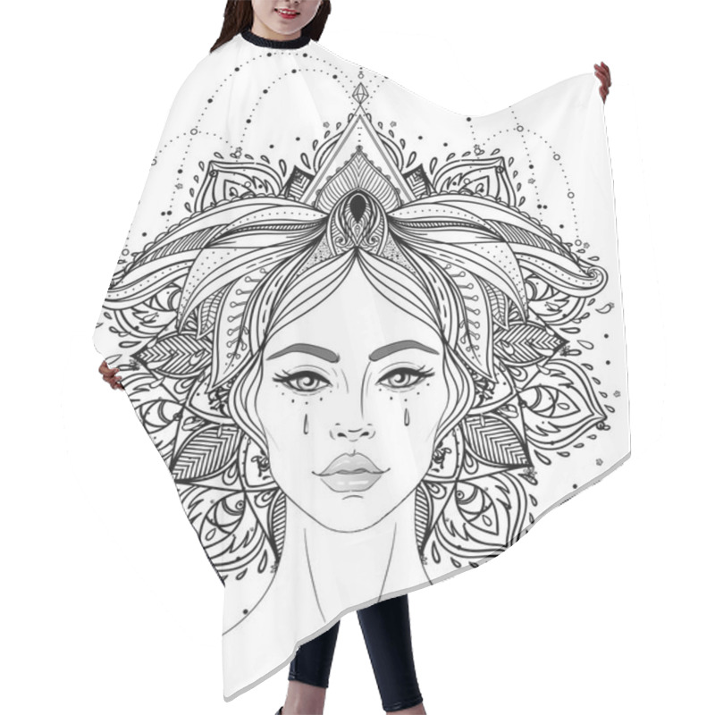 Personality  Tribal Fusion Boho Diva. Beautiful Asian Divine Girl With Ornate Crown, Kokoshnik Inspired. Bohemian Goddess. Hand Drawn Elegant Illustration. Lotus Flower, Ethnic Art, Patterned Indian Paisley. Hair Cutting Cape