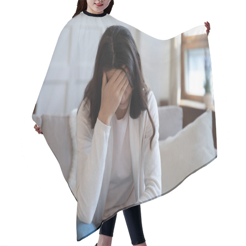 Personality  Upset Young Woman Feel Distressed At Home Hair Cutting Cape