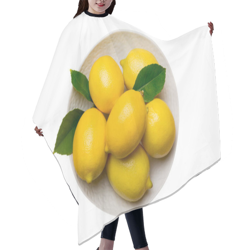 Personality  Fresh Cutted Lemon And Whole Lemons Over Round Plate Isolated On White Background. Food And Drink Ingredients Preparing. Healthy Eating Theme Top View With Copy Space. Hair Cutting Cape