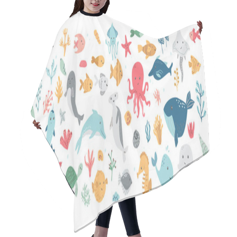 Personality  Set Of Ocean Creatures Illustration With Whales, Dolphins, And Octopus. Hair Cutting Cape