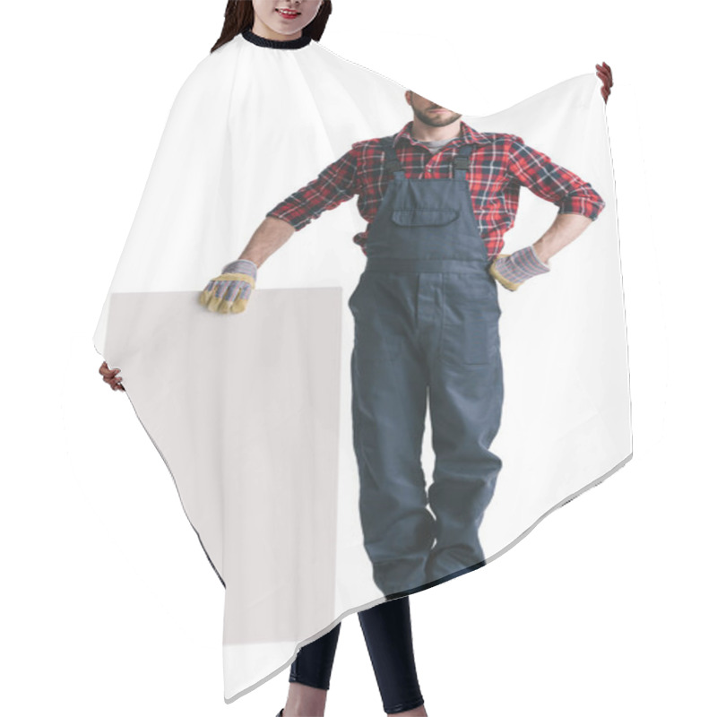 Personality  Construction Worker With Blank Banner Hair Cutting Cape