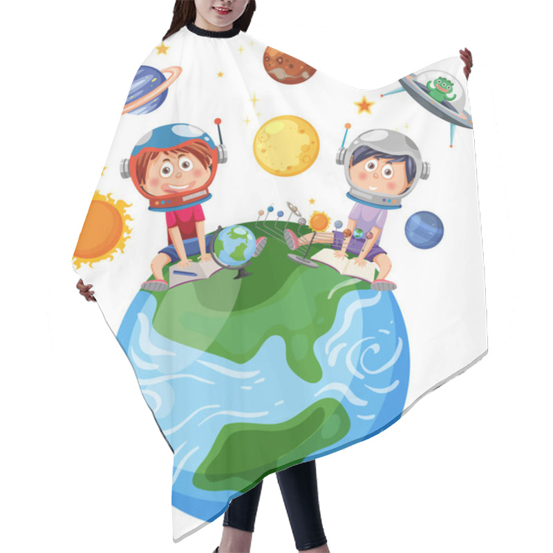 Personality  Kids Sitting On Earth In Astronomy Theme Illustration Hair Cutting Cape