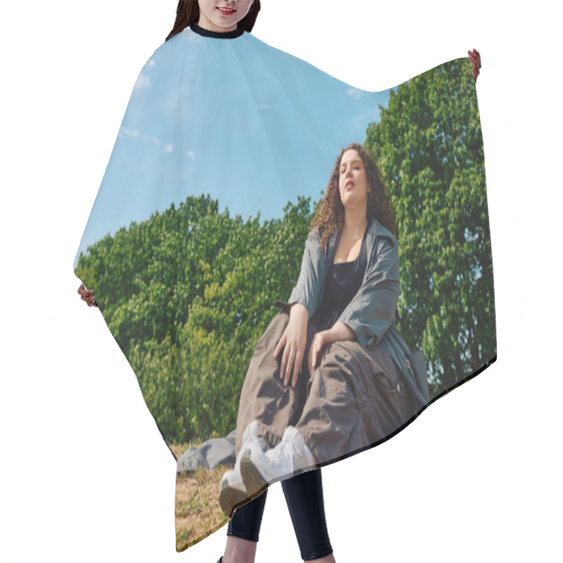 Personality  A Joyful Plus Size Woman Relaxes On A Hilltop Under A Clear Blue Sky In A Vibrant Field. Hair Cutting Cape