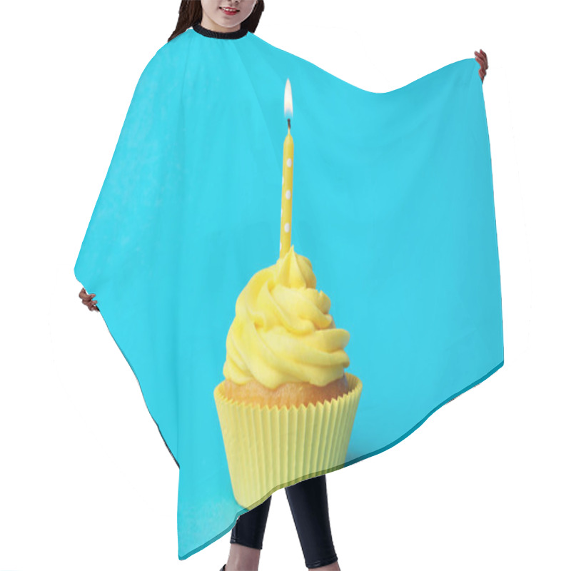 Personality  Delicious Birthday Cupcake With Yellow Cream And Burning Candle  Hair Cutting Cape