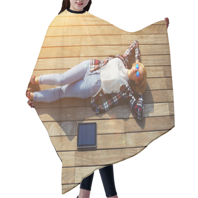 Personality  Woman Lying On The Wooden Jetty Hair Cutting Cape