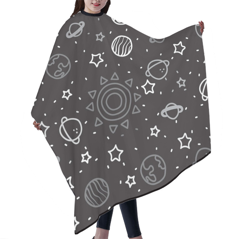 Personality  Sun, Planet Earth And Stars From Space On Black Pattern Background. Cosmic Planet Seamless Pattern. Hair Cutting Cape