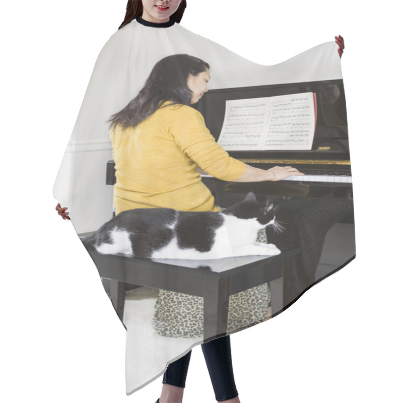 Personality  Mature Woman Playing Piano With Her Family Cat By Her Side Hair Cutting Cape