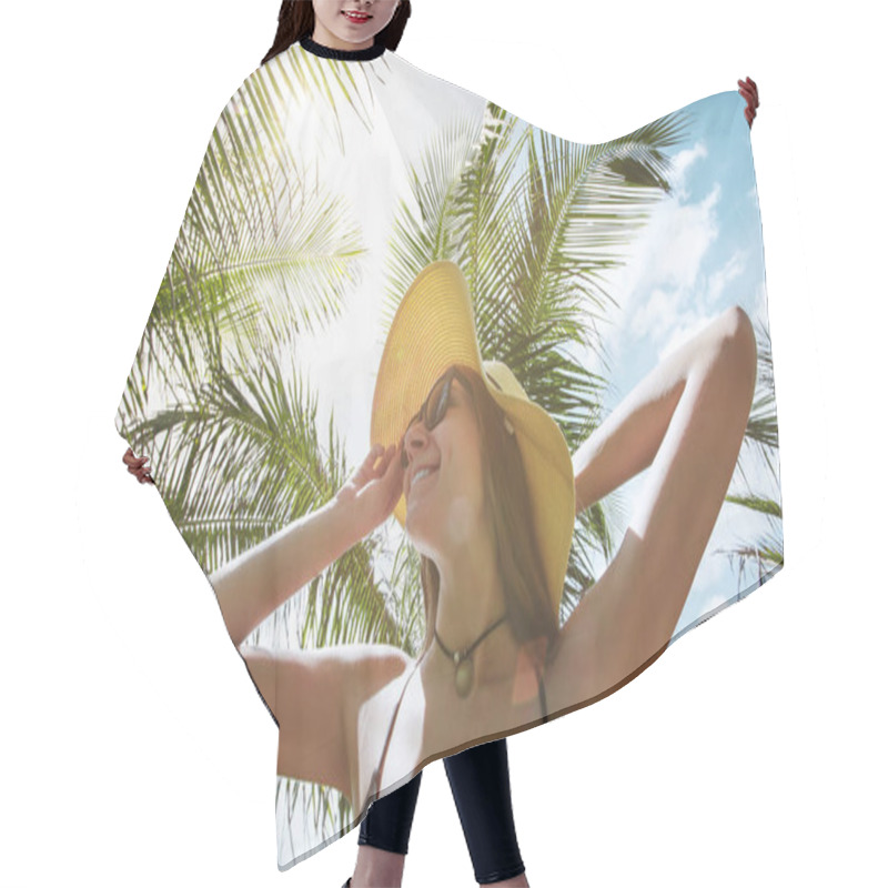 Personality  Smiling Woman Wearing Hat Under Palms In Sunlight Hair Cutting Cape