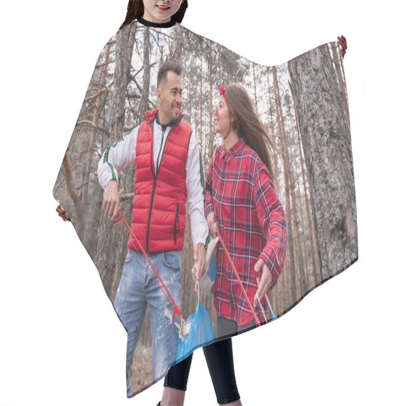 Personality  Happy Couple With Trash Bags Picking Up Rubbish With Grabber Tools In Forest  Hair Cutting Cape