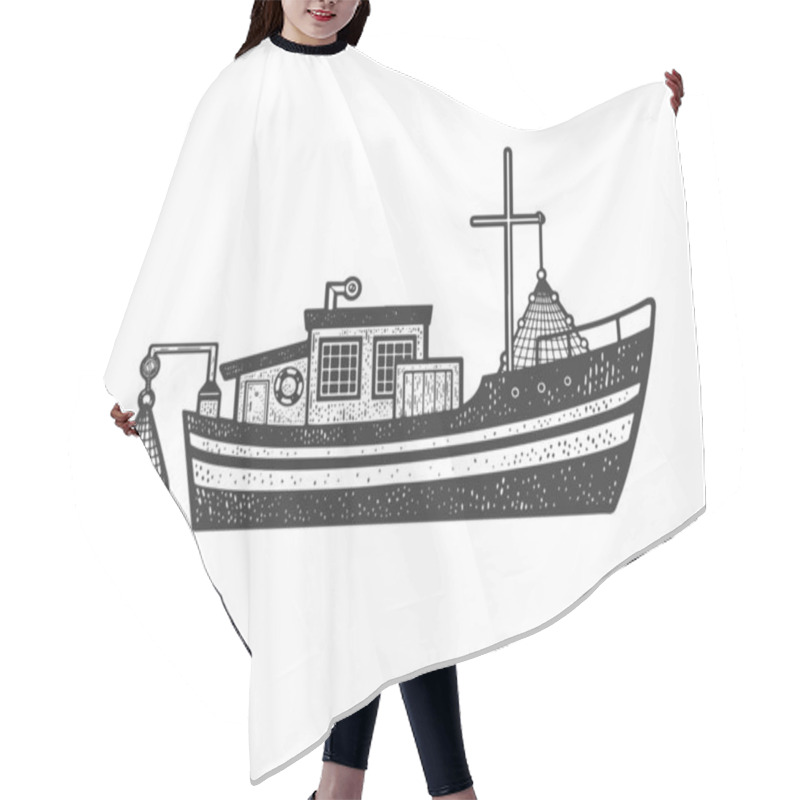 Personality  Fishing Boat Sketch Engraving Vector Illustration. T-shirt Apparel Print Design. Scratch Board Imitation. Black And White Hand Drawn Image. Hair Cutting Cape