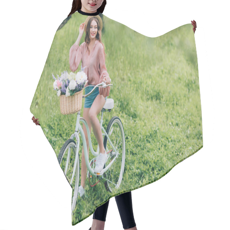 Personality  Pretty Smiling Woman On Retro Bicycle With Wicker Basket Full Of Flowers In Forest Hair Cutting Cape