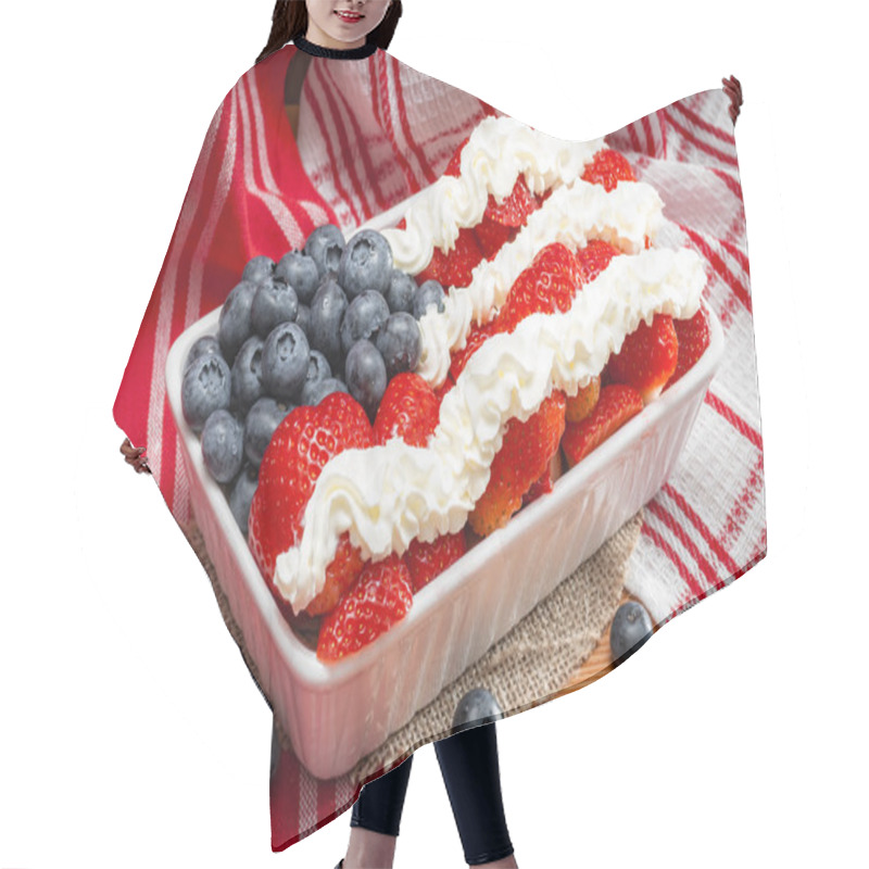 Personality  Whip Cream, Strawberries And Blueberries Combined To Look Like The American Flag And Placed In A Ceramic Tray  For A 4th Of July Themed Party, On A Wooden Table And Rustic Towel Hair Cutting Cape