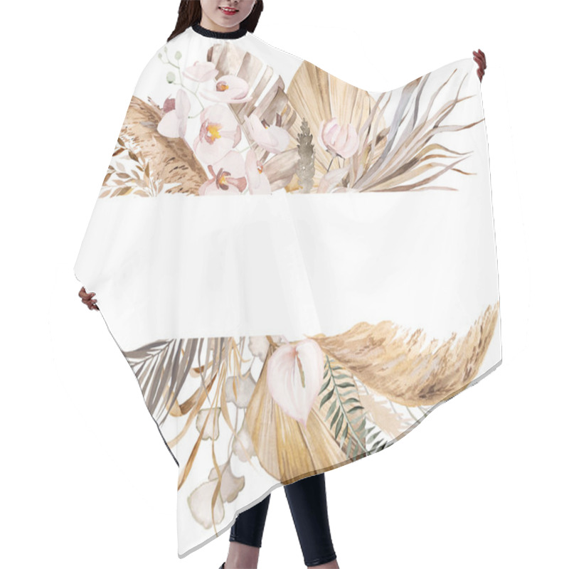 Personality  Watercolor Bohemian Horizontal Frame With Tropical And Cotton Flowers, Dried Palm Leaves And Pampas Grass Illustration With Copy Space Isolated. Beige Element For Wedding Design, Greetings Cards, Crafting Hair Cutting Cape