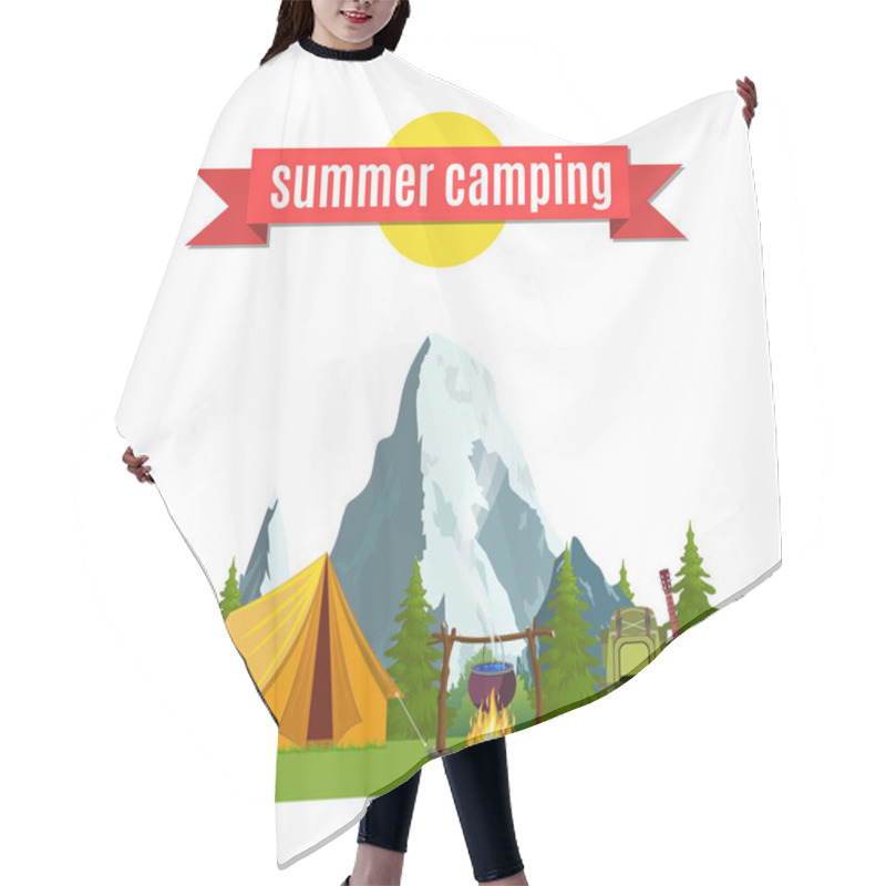 Personality  Summer Camp. Landscape With Yellow Tent, Hair Cutting Cape