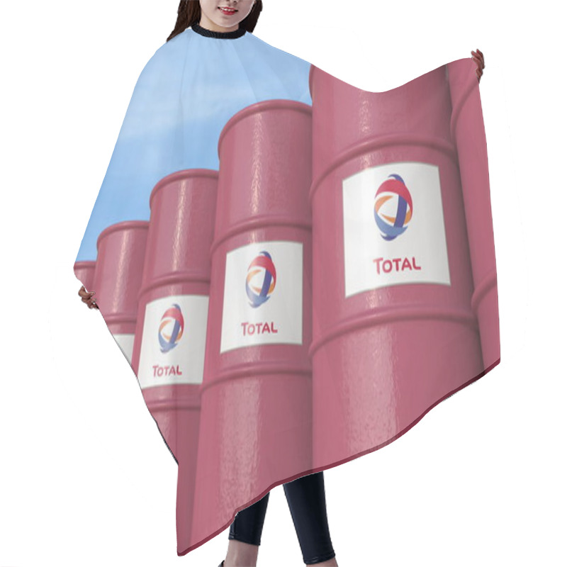 Personality  Row Of Metal Barrels With Total S.A. Logo Against Sky, Editorial 3D Rendering Hair Cutting Cape