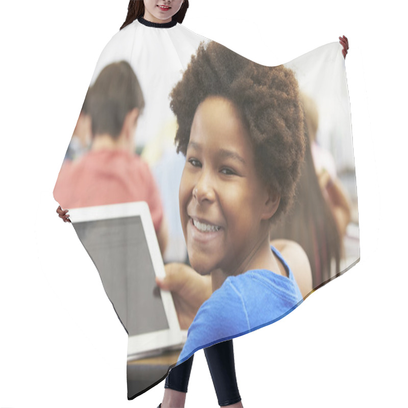 Personality  Pupil In Class Using Digital Tablet Hair Cutting Cape