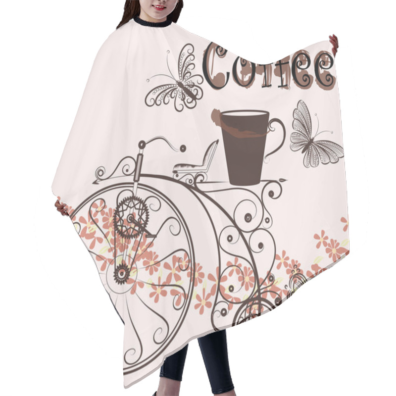 Personality  Coffee Background With Swirl Old-fashioned Bicycle And Coffee Cu Hair Cutting Cape