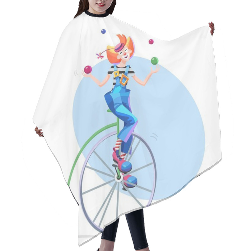 Personality  Clown Juggles Balls On A Retro Bike. Hair Cutting Cape