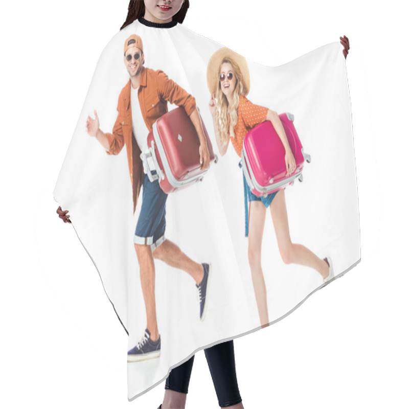 Personality  Side View Of Happy Couple Running With Travel Bags Isolated On White Hair Cutting Cape