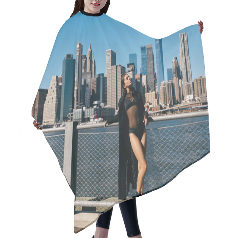 Personality  Young Woman Dances In NYC With Iconic Skyline. Hair Cutting Cape