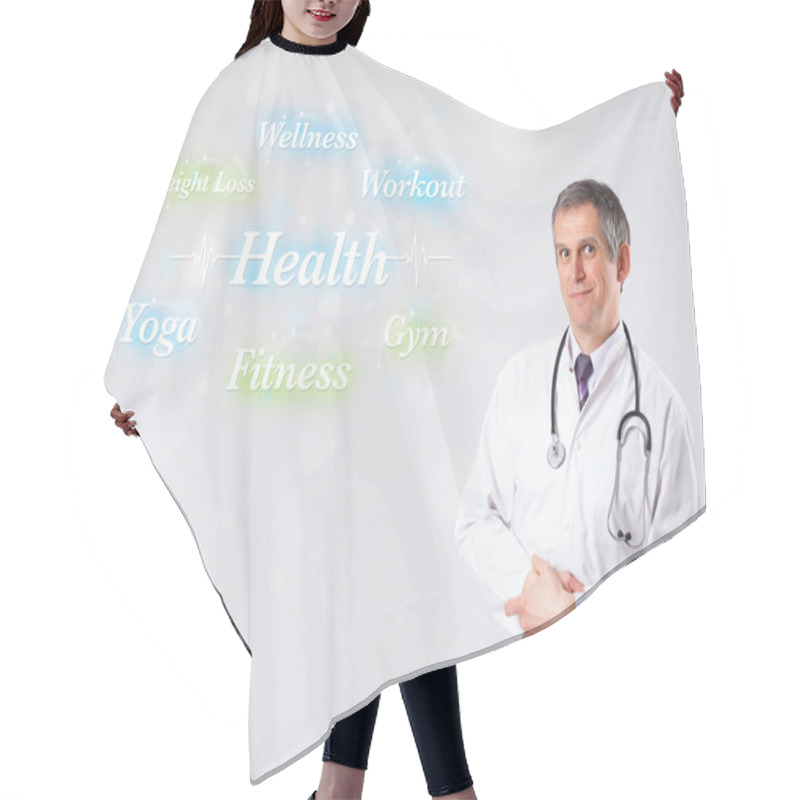 Personality  Clinical Doctor Pointing To Health And Fitness Collection Of Wor Hair Cutting Cape