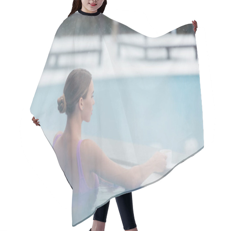 Personality  Young Woman In Outdoor Swimming Pool Reaching Cup Of Coffee  Hair Cutting Cape