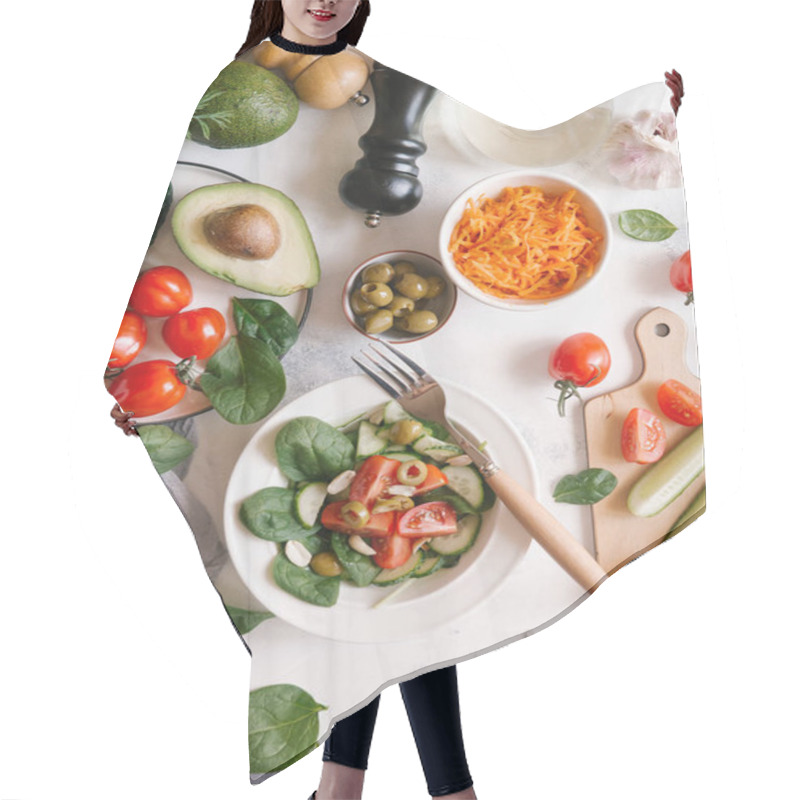 Personality  Top View Of Fresh Vegetable Salad On White Plate Hair Cutting Cape