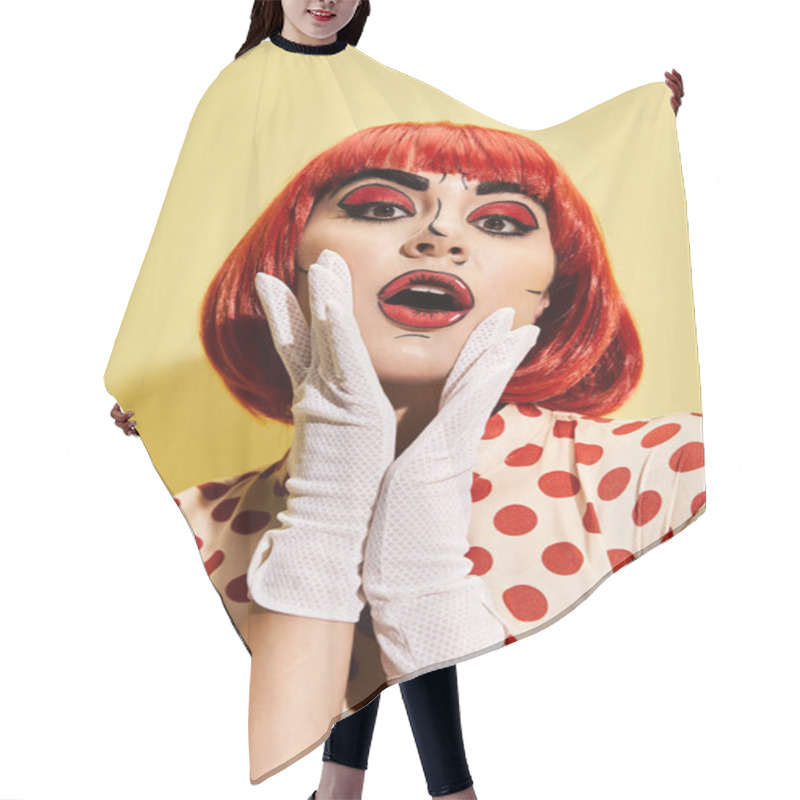 Personality  A Vibrant Redhead Donning White Gloves, Pop Art Makeup, And A Polka Dot Blouse, Resembling A Character From Comics. Hair Cutting Cape