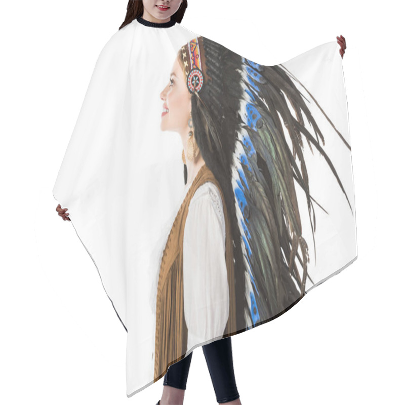 Personality  Side View Of Smiling Pretty Boho Girl In Indian Headdress Isolated On White Hair Cutting Cape