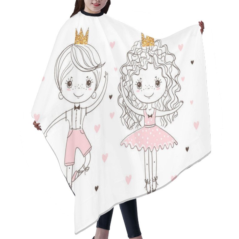 Personality  Little Prince And Princess In Pointe Shoes Are Dancing Ballet. A Boy And A Girl Are Engaged In Dancing. Cute Doodle Illustration, Linear Hand Drawing. Vector Isolated On White Background. Hair Cutting Cape