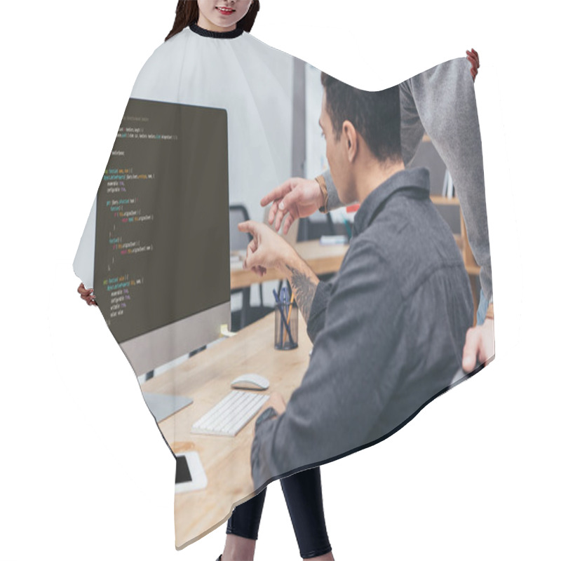 Personality  Cropped Shot Of Business Colleagues Using Desktop Computer With Html Code On Screen In Office Hair Cutting Cape