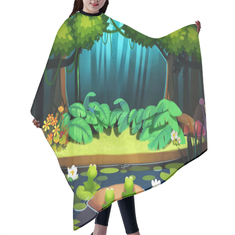 Personality  Spotlight Is Brightened In The Forest. Realistic Fantastic Cartoon Style Scene, Wallpaper, Background Design. Illustration Hair Cutting Cape