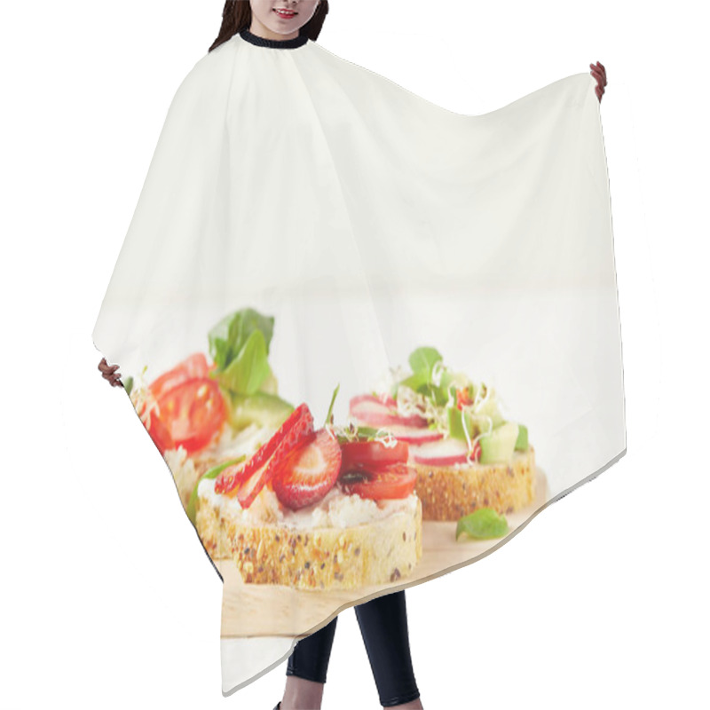 Personality  Various Fresh Sandwiches On Cutting Board And On White Surface Hair Cutting Cape