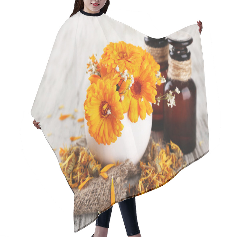 Personality  Medicine Bottles And Calendula Flowers On Wooden Background Hair Cutting Cape