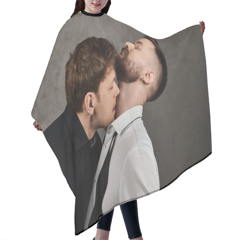 Personality  A Loving Gay Couple In Elegant Suits Share A Tender Moment. Hair Cutting Cape