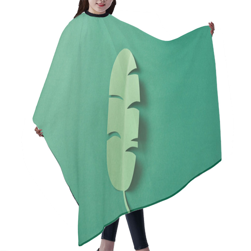 Personality  Top View Of Tropical Paper Cut Palm Leaf On Green Background With Copy Space Hair Cutting Cape