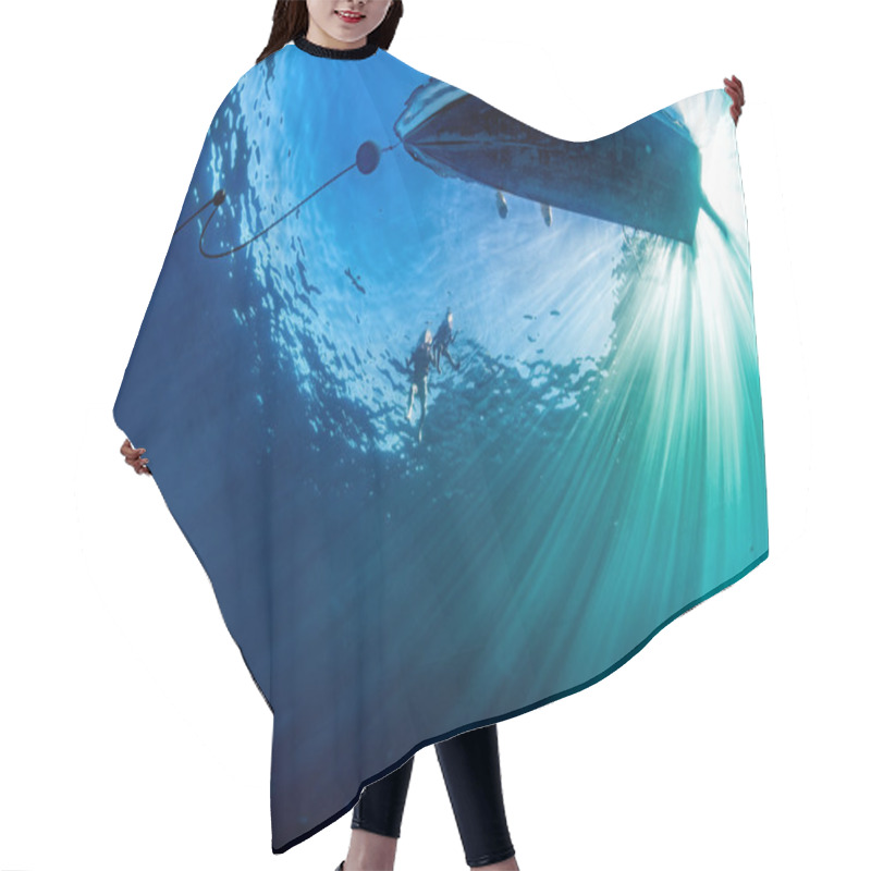 Personality  Boat Ship From Underwater Blue Ocean With Sun Rays Hair Cutting Cape