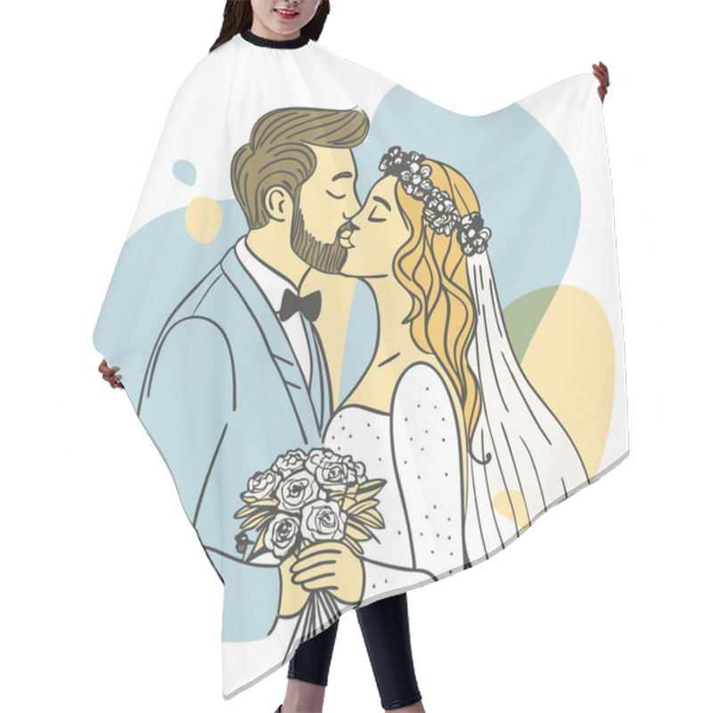 Personality  Cute Newlywed Couple In Love Floral Wedding Illustration In Flat Style Hair Cutting Cape