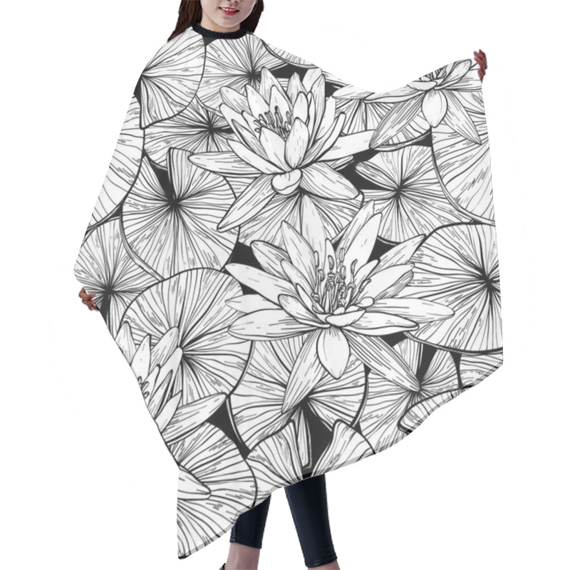 Personality  Seamless Pattern With Water Lilies. Black And White Hair Cutting Cape