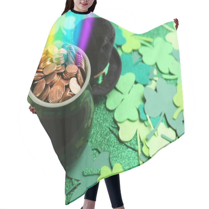 Personality  Pot With Gold Coins, Hat And Clover Leaves On Table, Space For Text. St. Patrick's Day Celebration Hair Cutting Cape